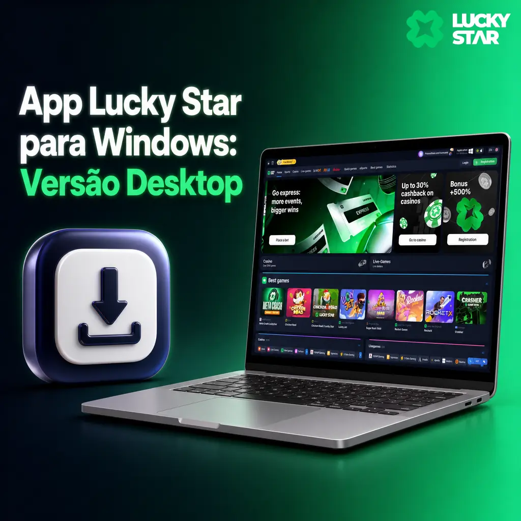 Aplicativo Lucky Star para Windows em tela de computador, com acesso a apostas esportivas e cassino online.