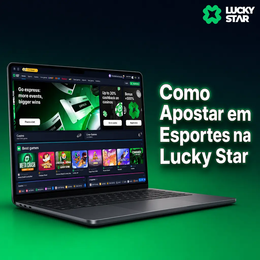 Tutorial de como apostar em esportes na Lucky Star, mostrando cadastro, depósito e confirmação da aposta.