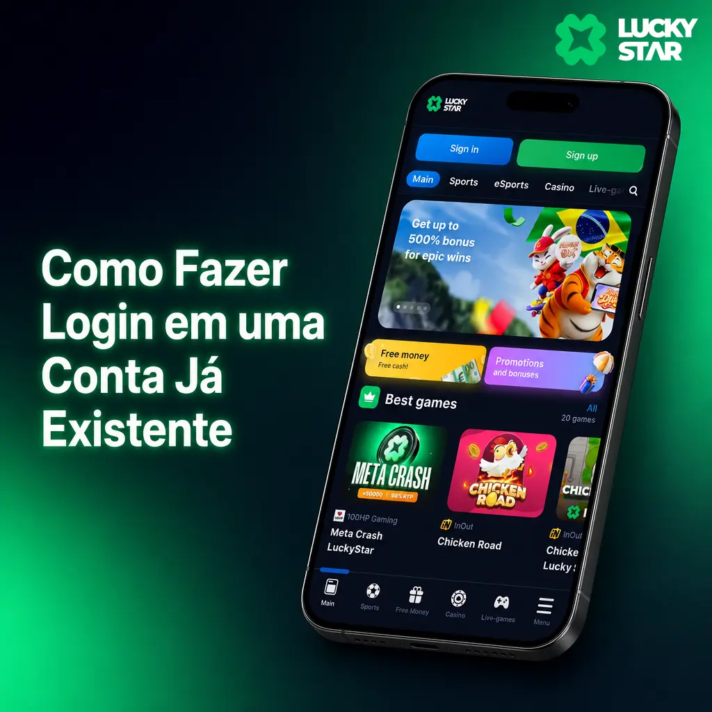 Tela de login do app Lucky Star mostrando campos para e-mail e senha de acesso à conta existente
