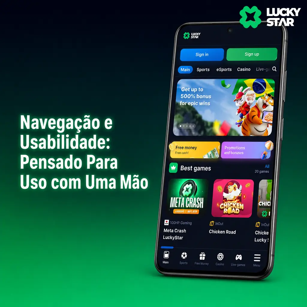 Barra inferior do app Lucky Star com atalhos para esportes, cassino, promoções e conta, otimizada para uso com uma mão.