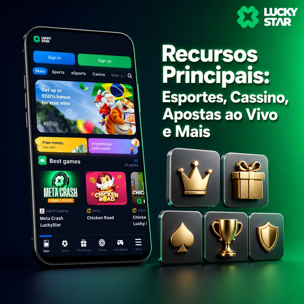 Recursos do app Lucky Star: apostas esportivas ao vivo, cassino com Aviator, mesas com dealers ao vivo e suporte por chat