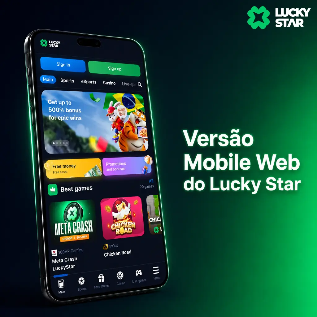Versão mobile web do Lucky Star no navegador, com acesso a apostas esportivas, cassino e carteira sem instalar aplicativo